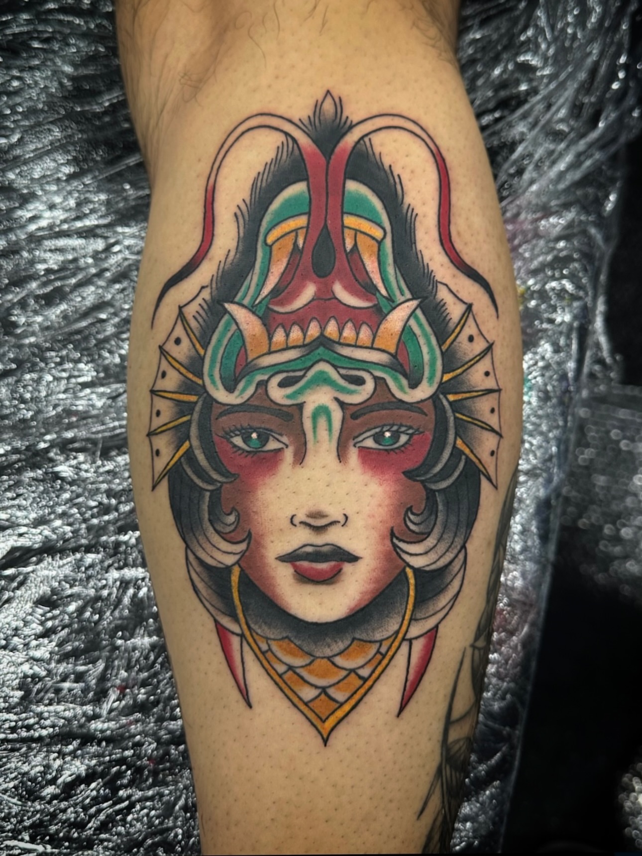 Geisha American traditional tattoo on the forearm by Matt Kearney