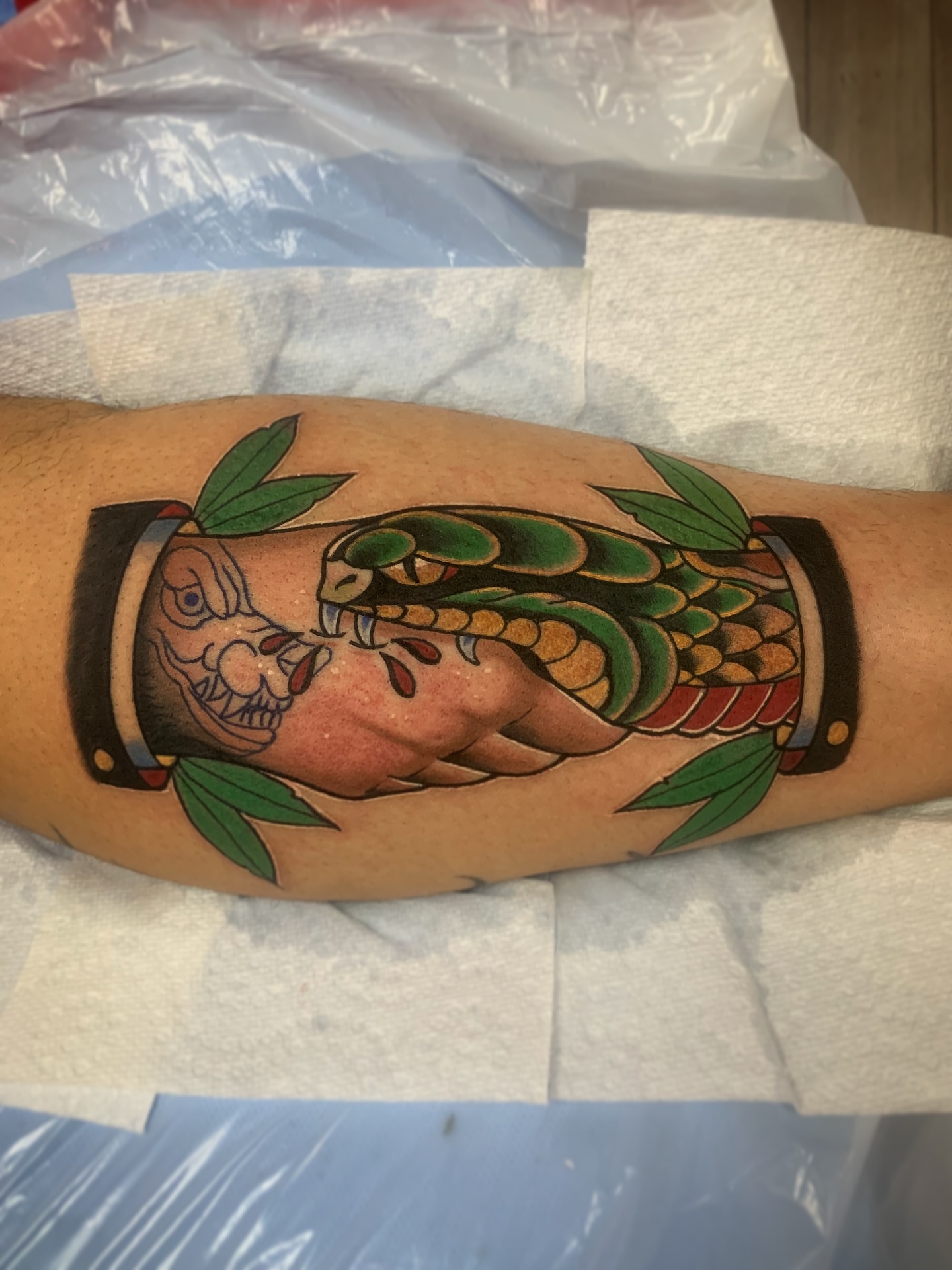 Snake and skull American traditional tattoo on the forearm by Matt Kearney