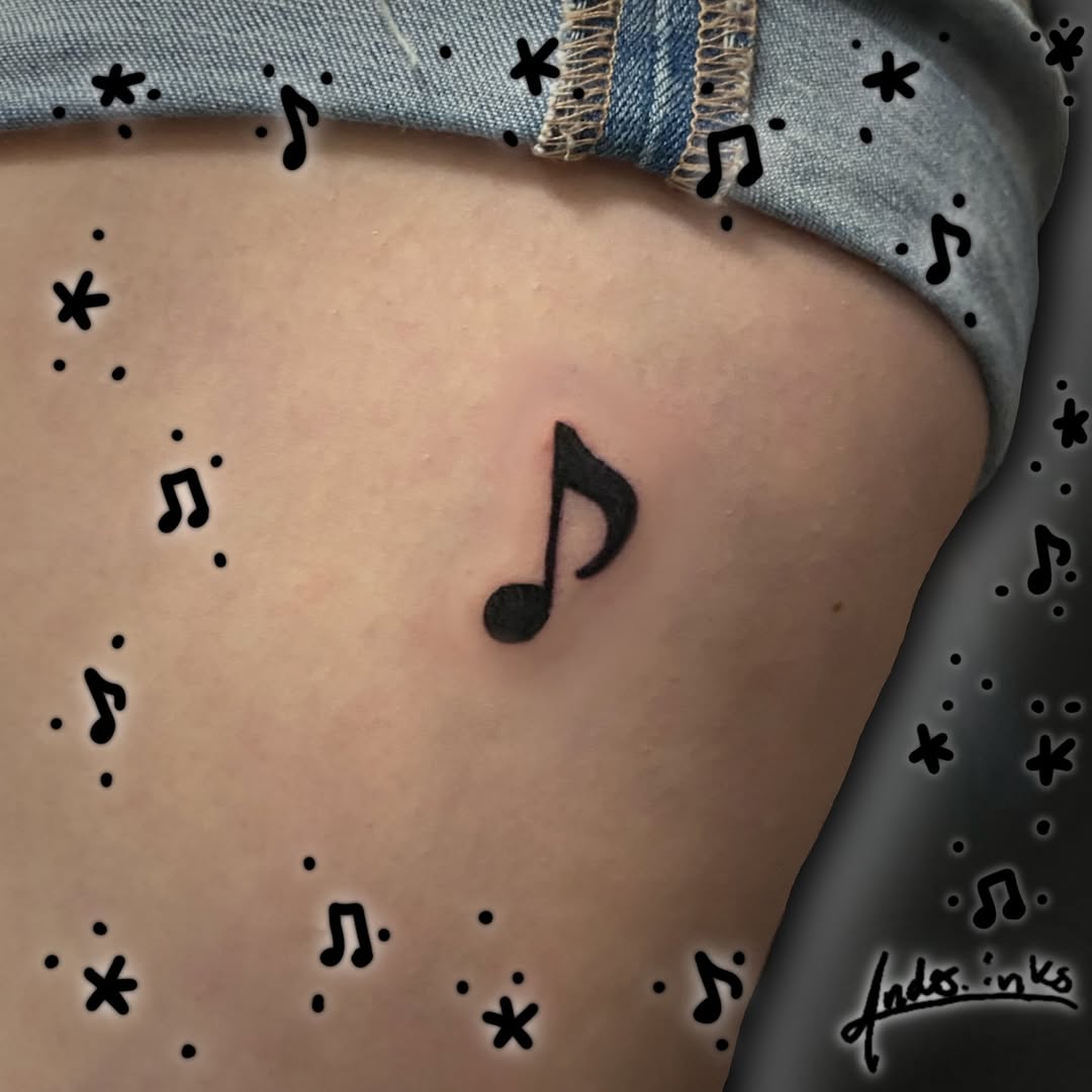 Musical note minimalist tattoo on the thigh by ande