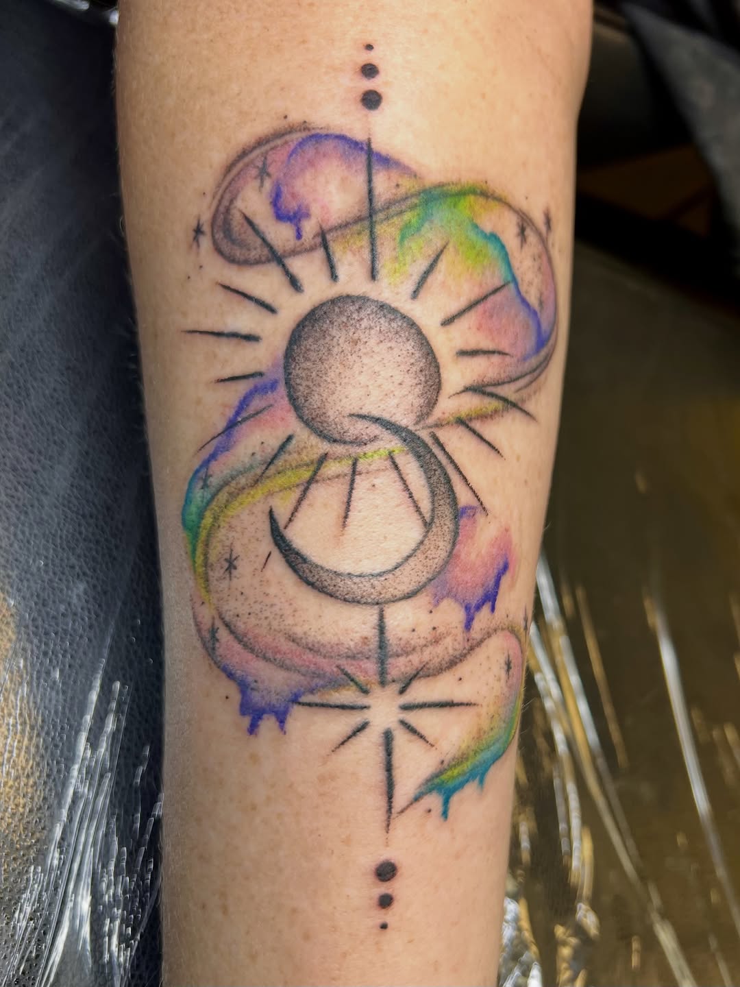 Tattoo by @danimcbaytattoos — watercolor, dotwork