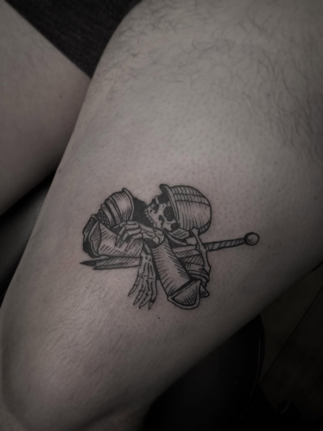 Skeleton in armor with sword sketch tattoo on the forearm by Joe Khay, Hackettstown, New Jersey