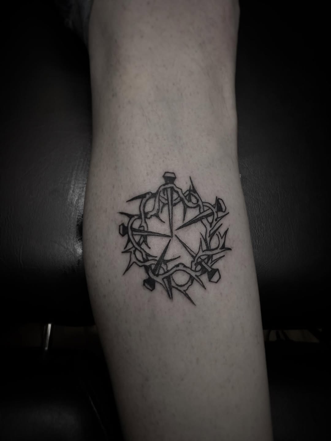 Crown of thorns cyber sigilism tattoo on the forearm by Joe Khay, Hackettstown, New Jersey