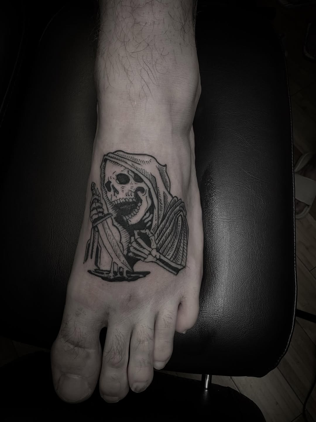 Grim reaper with knife dark art tattoo on the foot by Joe Khay, Hackettstown, New Jersey