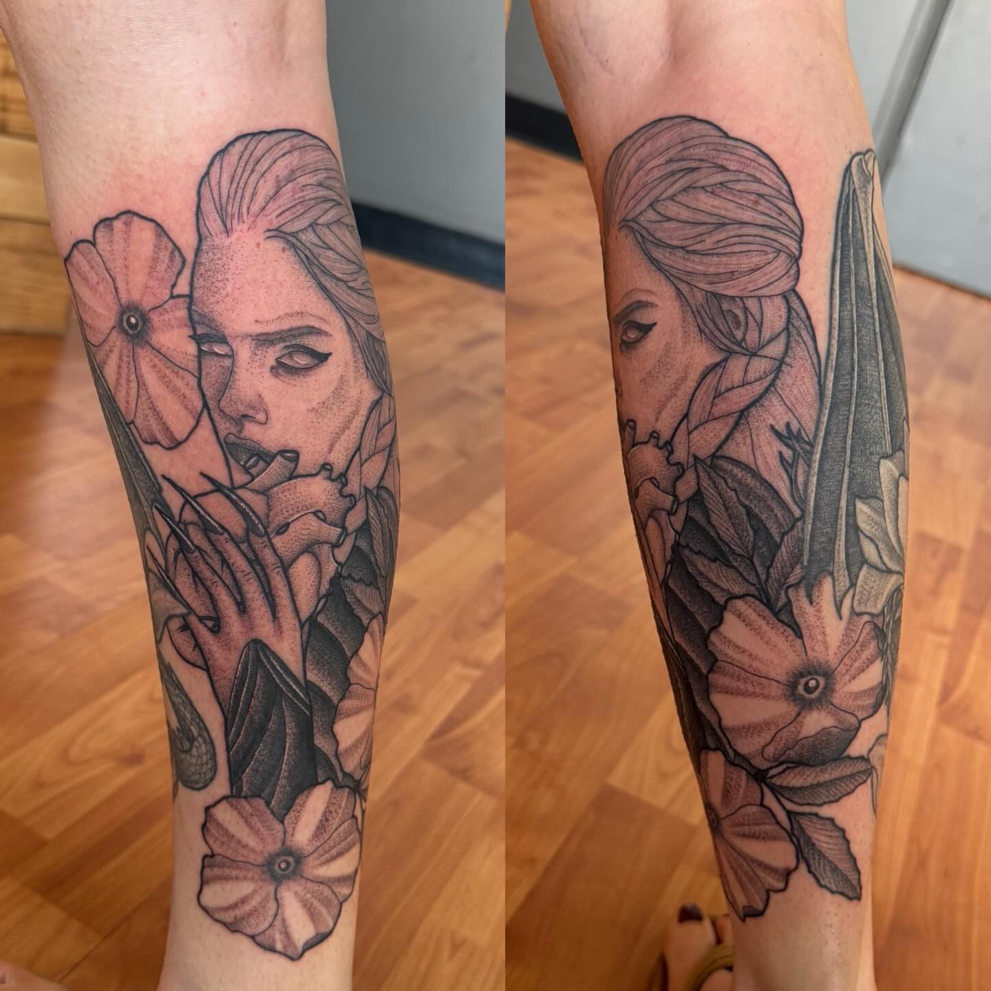 Woman with flowers dotwork tattoo on the forearm by Matt Hattaway