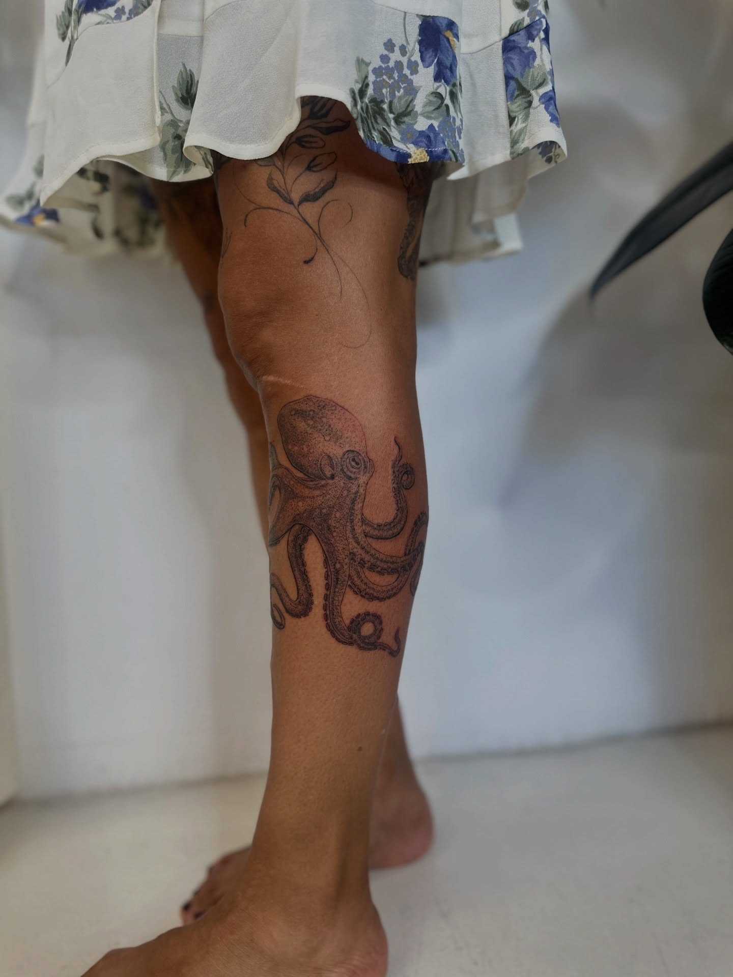 Octopus dotwork tattoo on the calf by Ric Castellon Tattoo Artist, Los Angeles, California