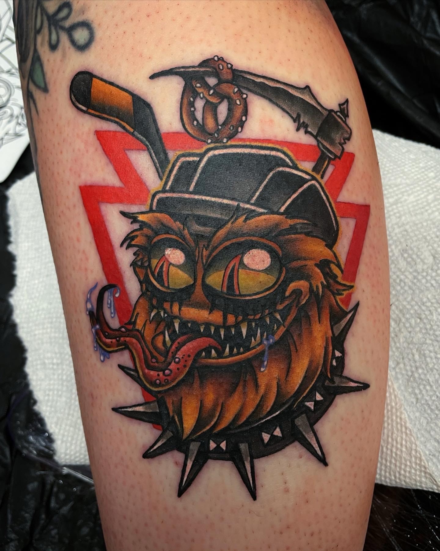 Pumpkin head American traditional tattoo on the thigh by Alexandra Fische