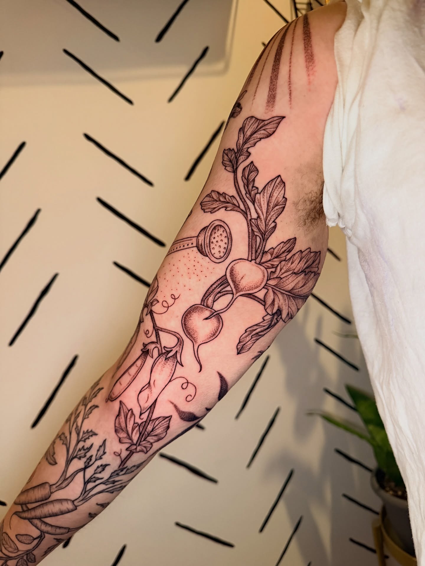 Vegetables and flowers dotwork tattoo on the forearm by ππ£ππ€π₯π ππ¦ππ‘π, Lakewood, Colorado