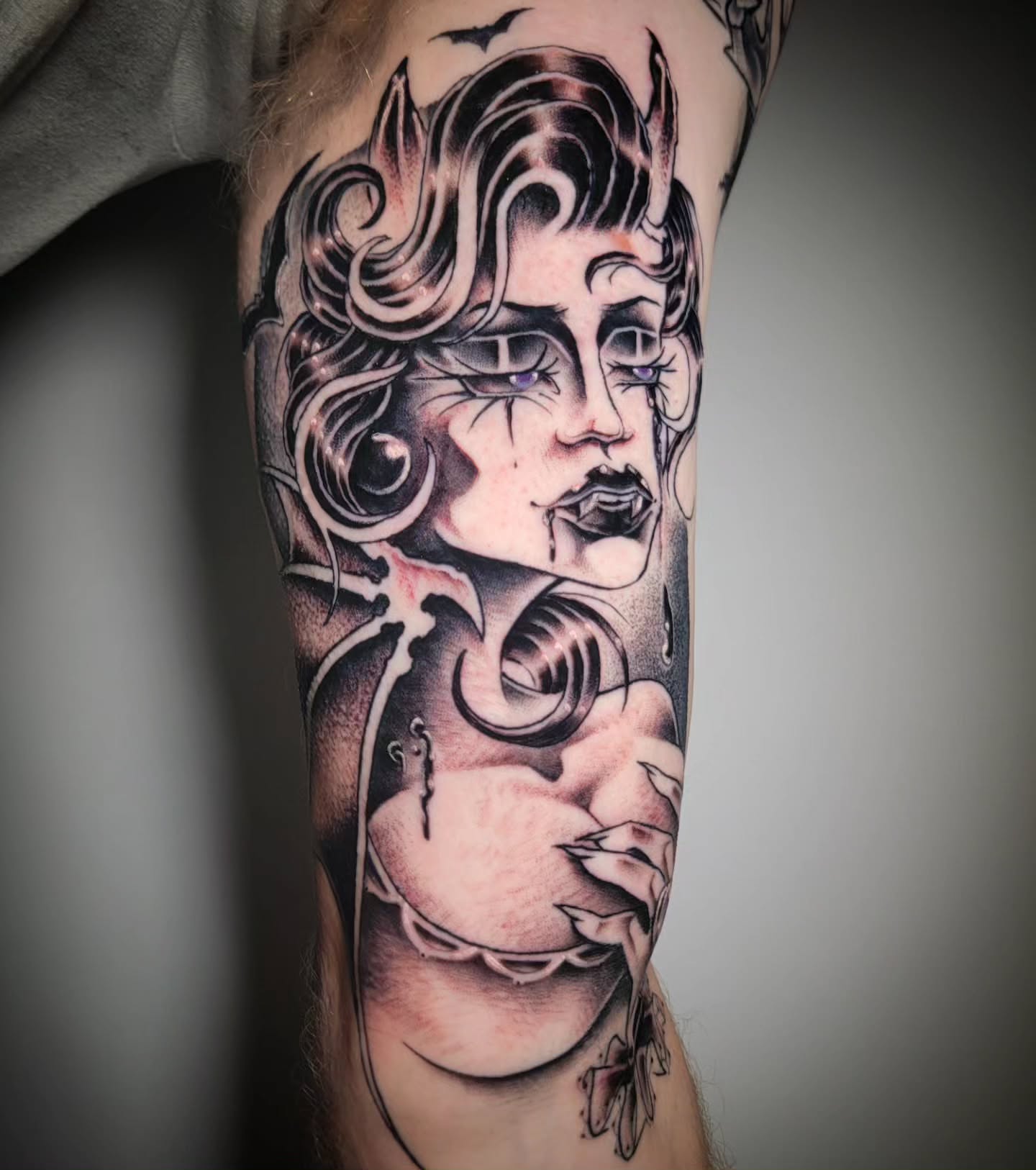 Woman's face American traditional tattoo on the forearm by Randyz Tattyz