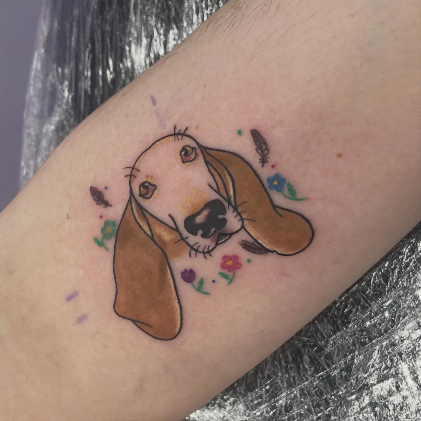 Basset hound dotwork tattoo on the forearm by elly, Oakham