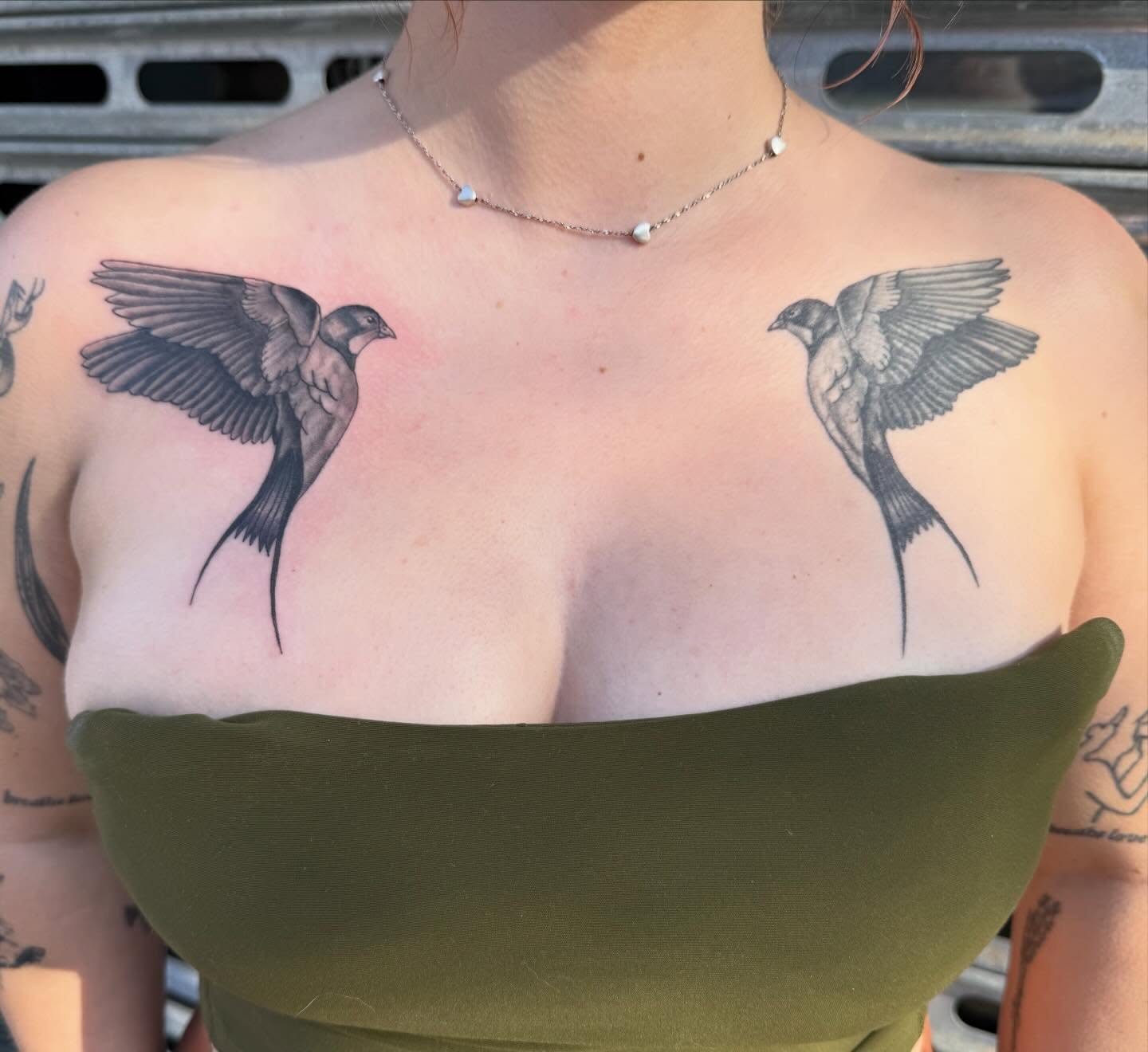 Swallows black and grey tattoo on the chest by CAT