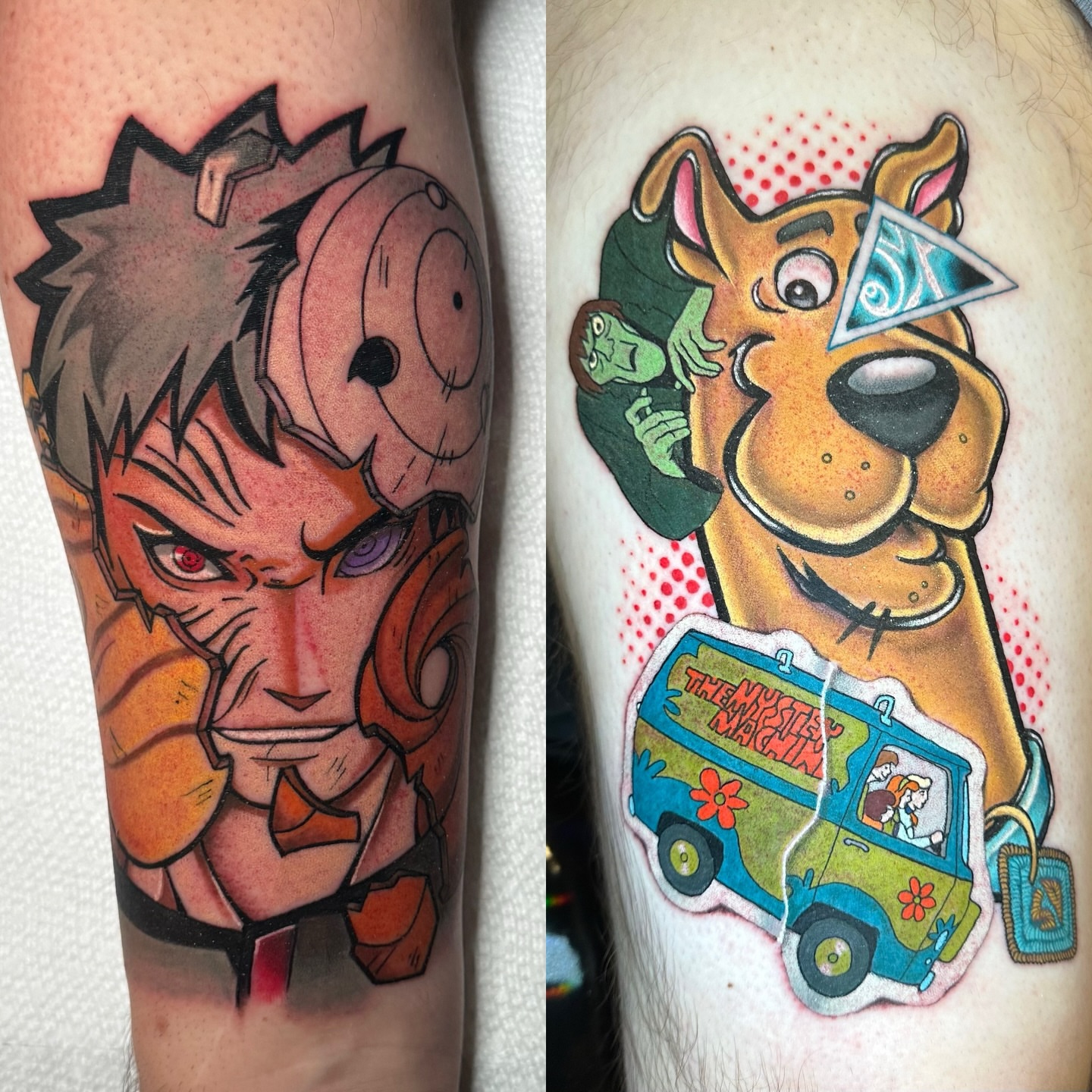 Rick and Morty characters American traditional tattoo on the forearm by (Joshua) Van Cummings