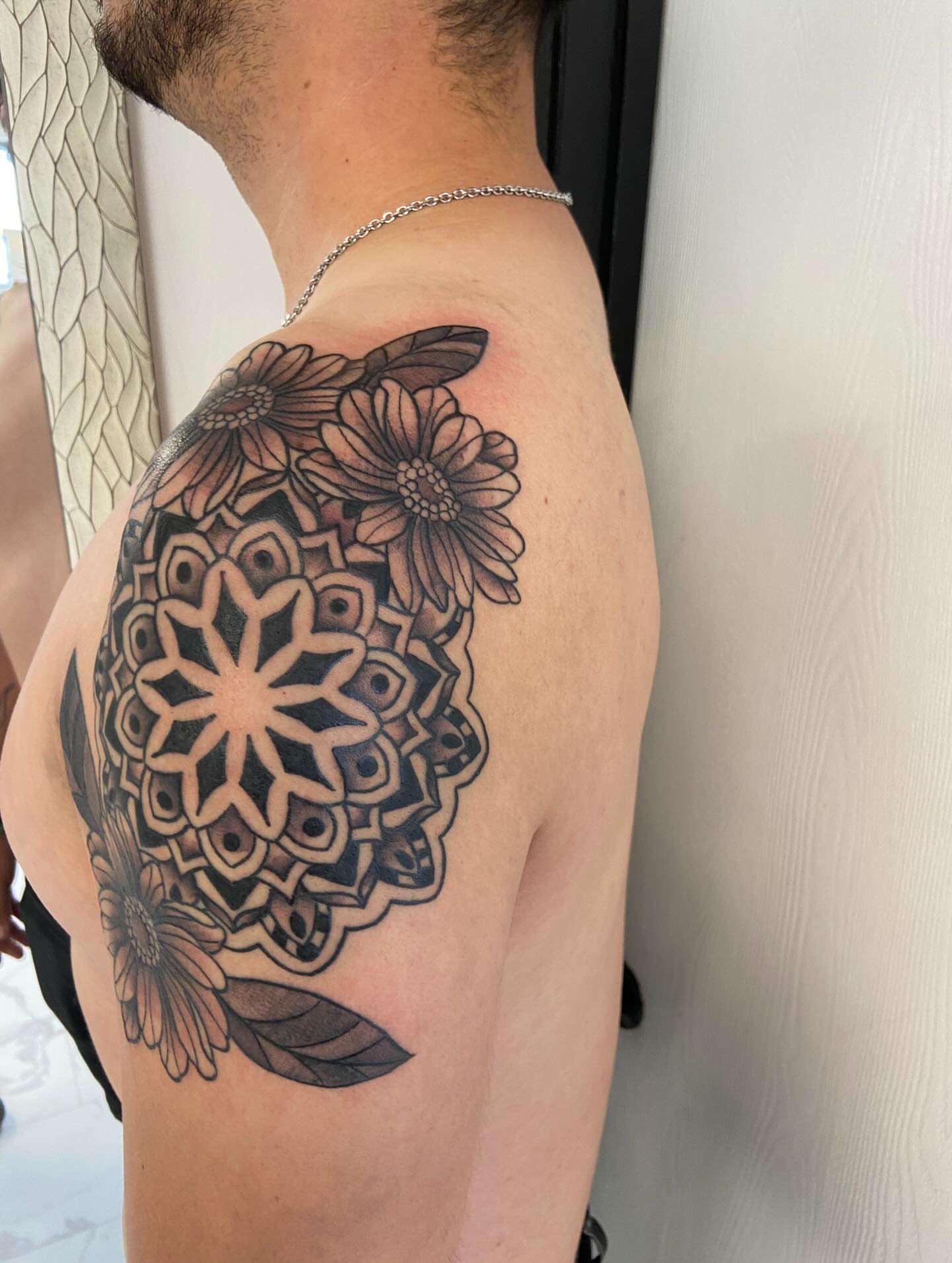 Geometric mandala geometric tattoo on the shoulder by Sophia