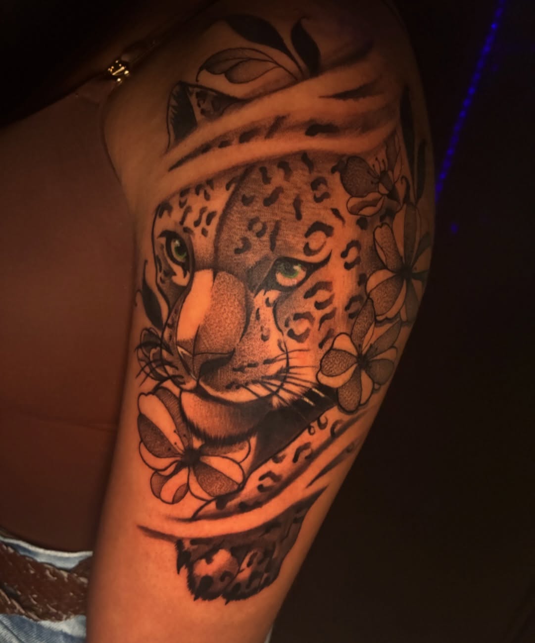 Jaguar head realism tattoo on the shoulder by Colton🎨