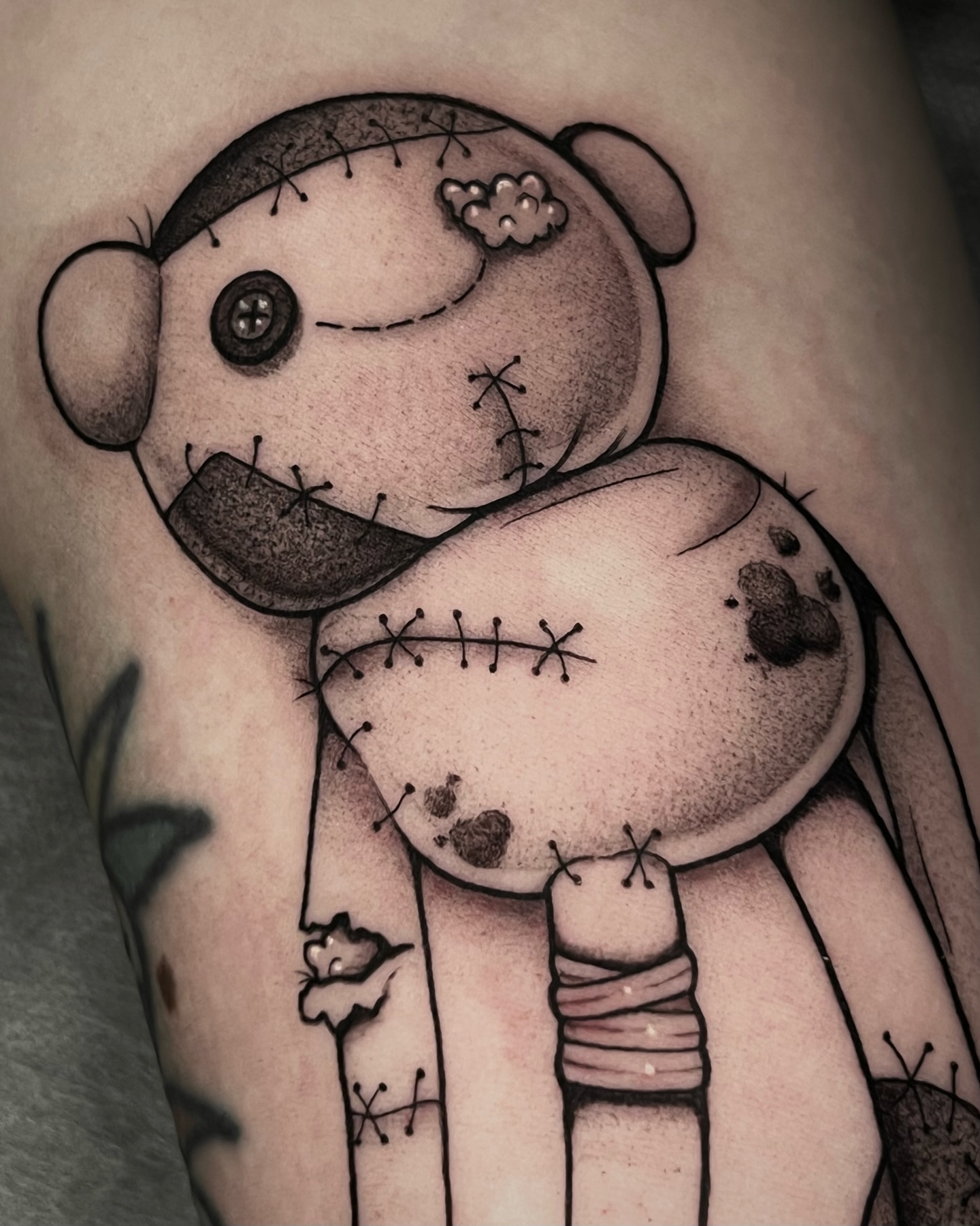 Voodoo doll black and grey tattoo on the forearm by ๐ฒ๐ฐ๐ธ๐๐ป๐๐ฝ โก