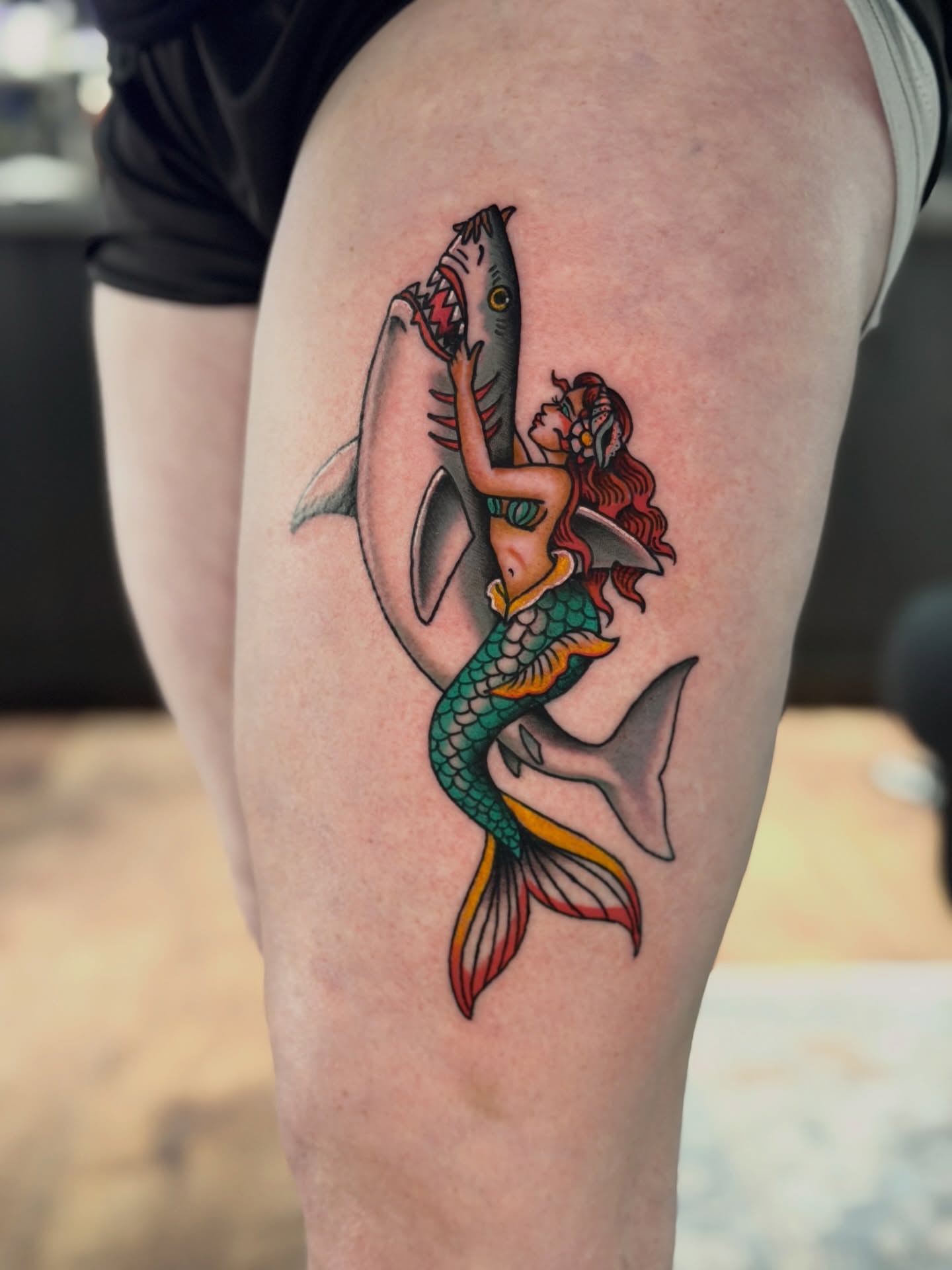 Mermaid and shark American traditional tattoo on the thigh by R e N O T