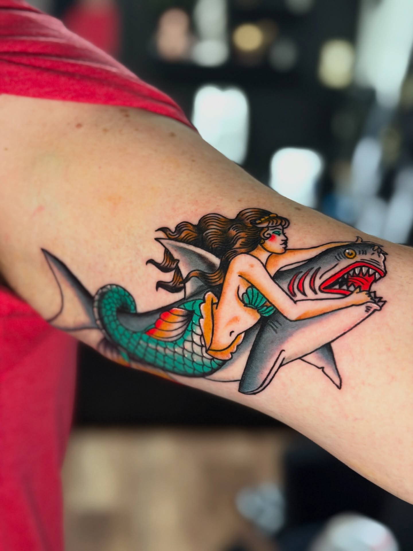 Mermaid riding shark American traditional tattoo on the forearm by R e N O T