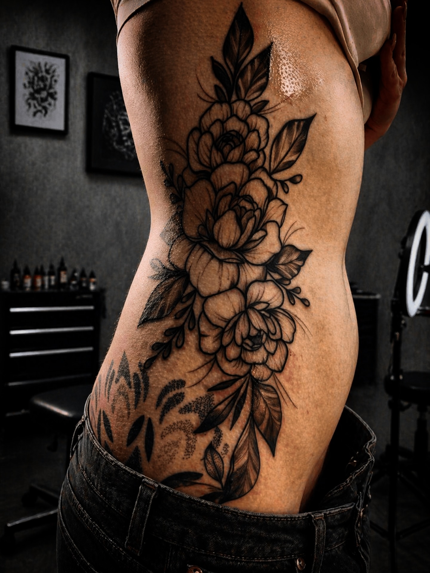 Floral bouquet black and grey tattoo on the thigh by Sacramento tattoo