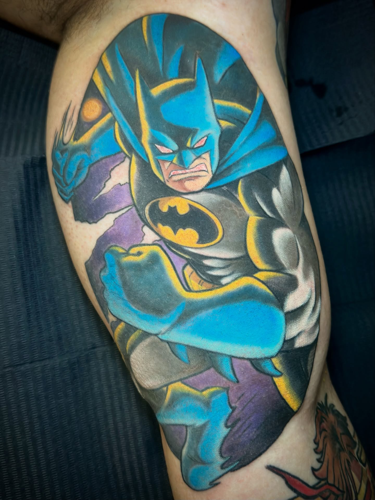 Batman new school tattoo on the forearm by Luke Mullins, Frederick, Maryland
