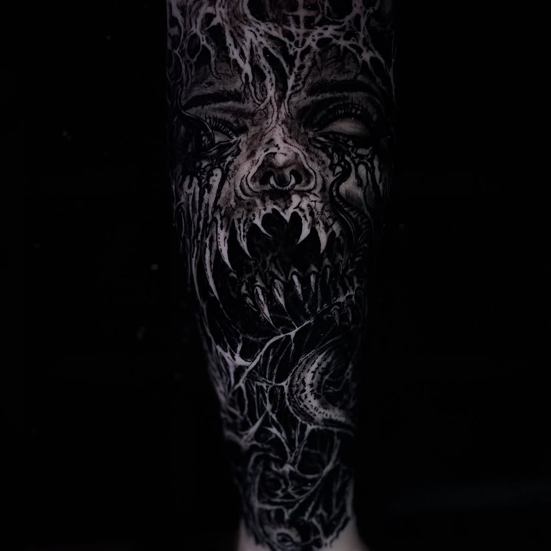 Tattoo by @ghostbutchertattoos — dark_realism, black_and_grey