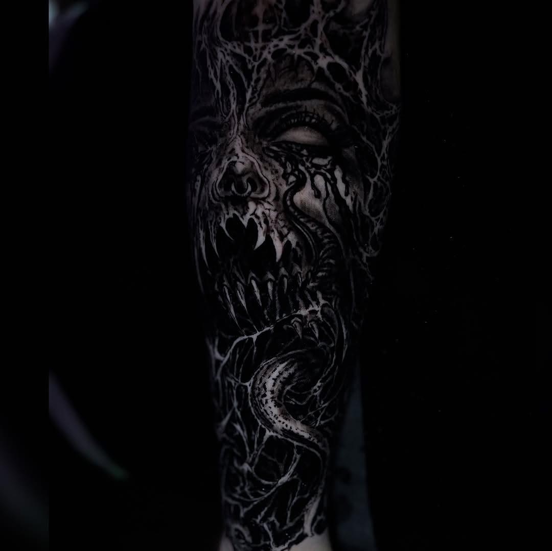 Tattoo by @ghostbutchertattoos — dark_realism, blackwork