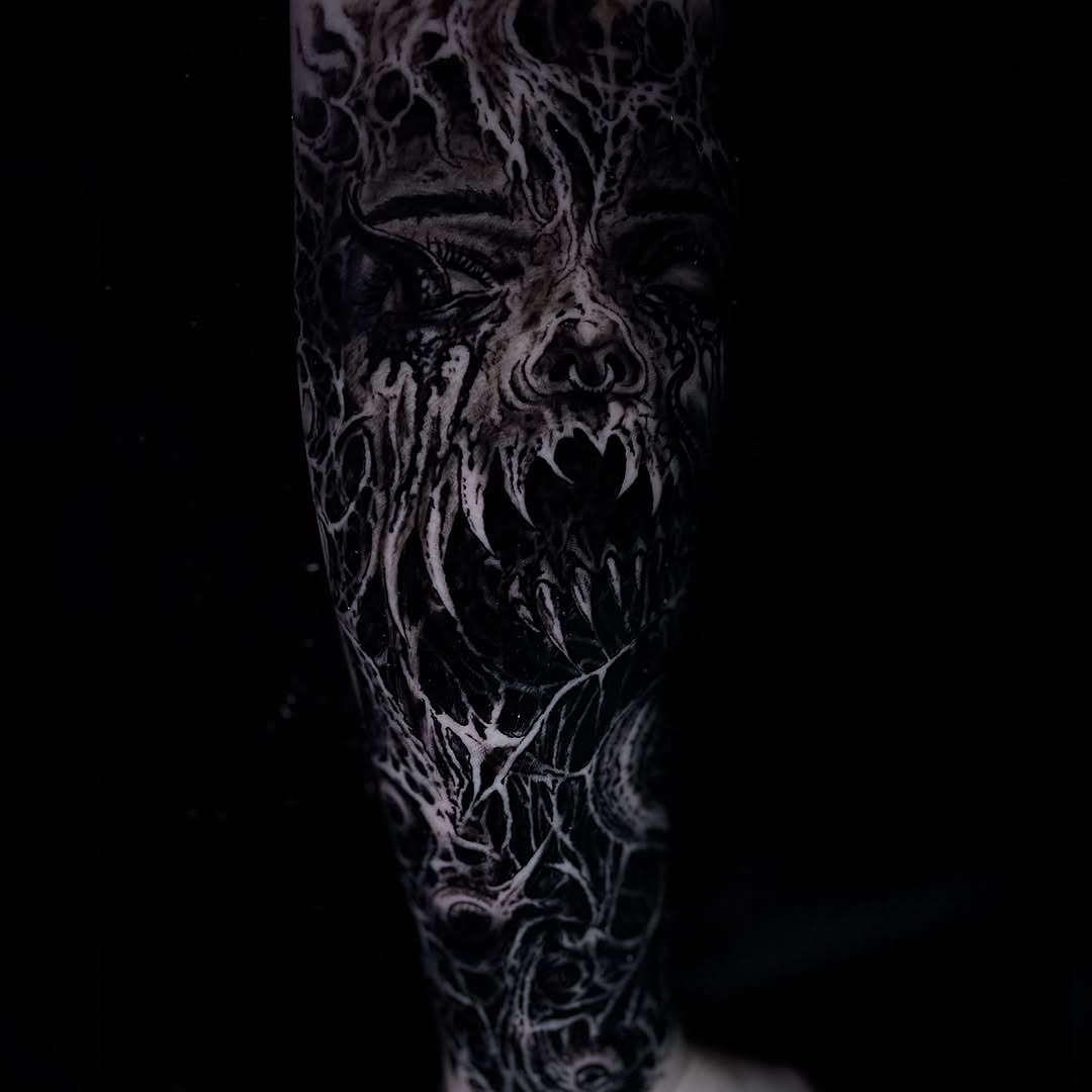 Tattoo by @ghostbutchertattoos — dark_realism, black_and_grey