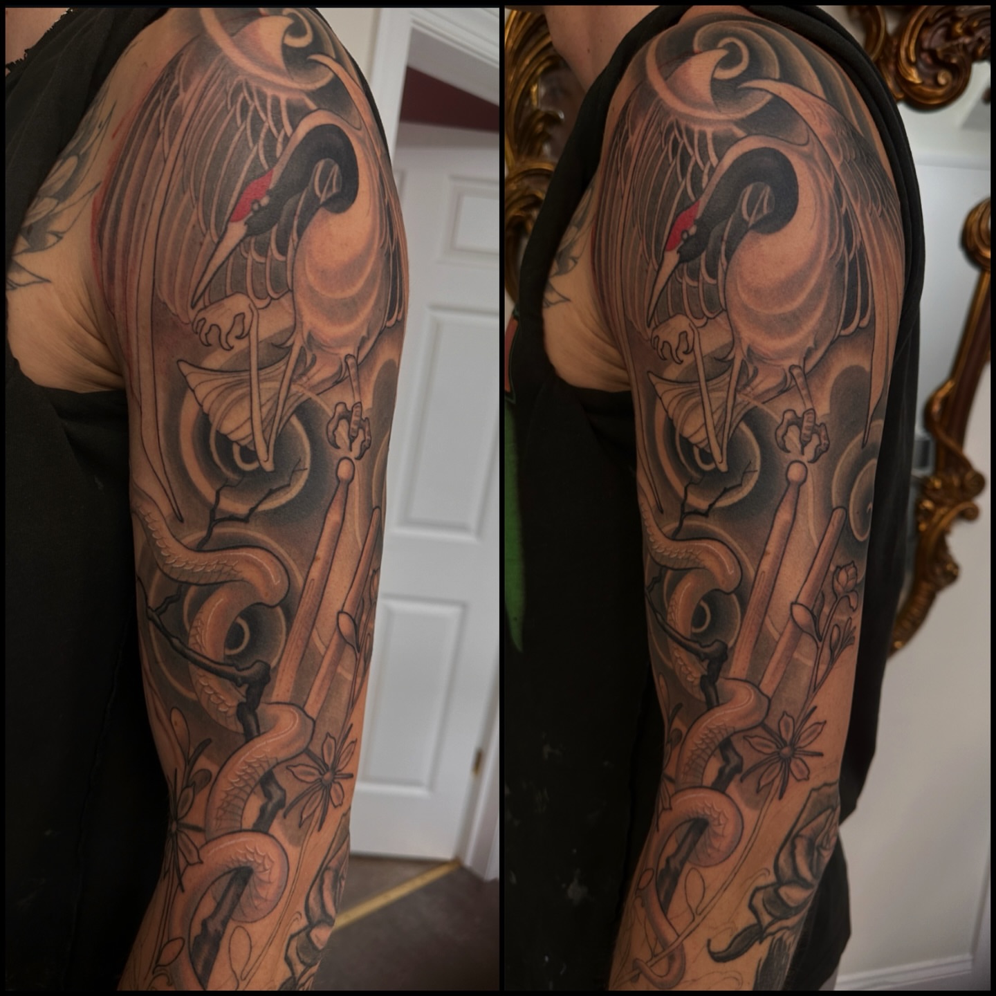 Crane and snake japanese irezumi tattoo on the upper arm by John Tarrao, Berwyn, Pennsylvania