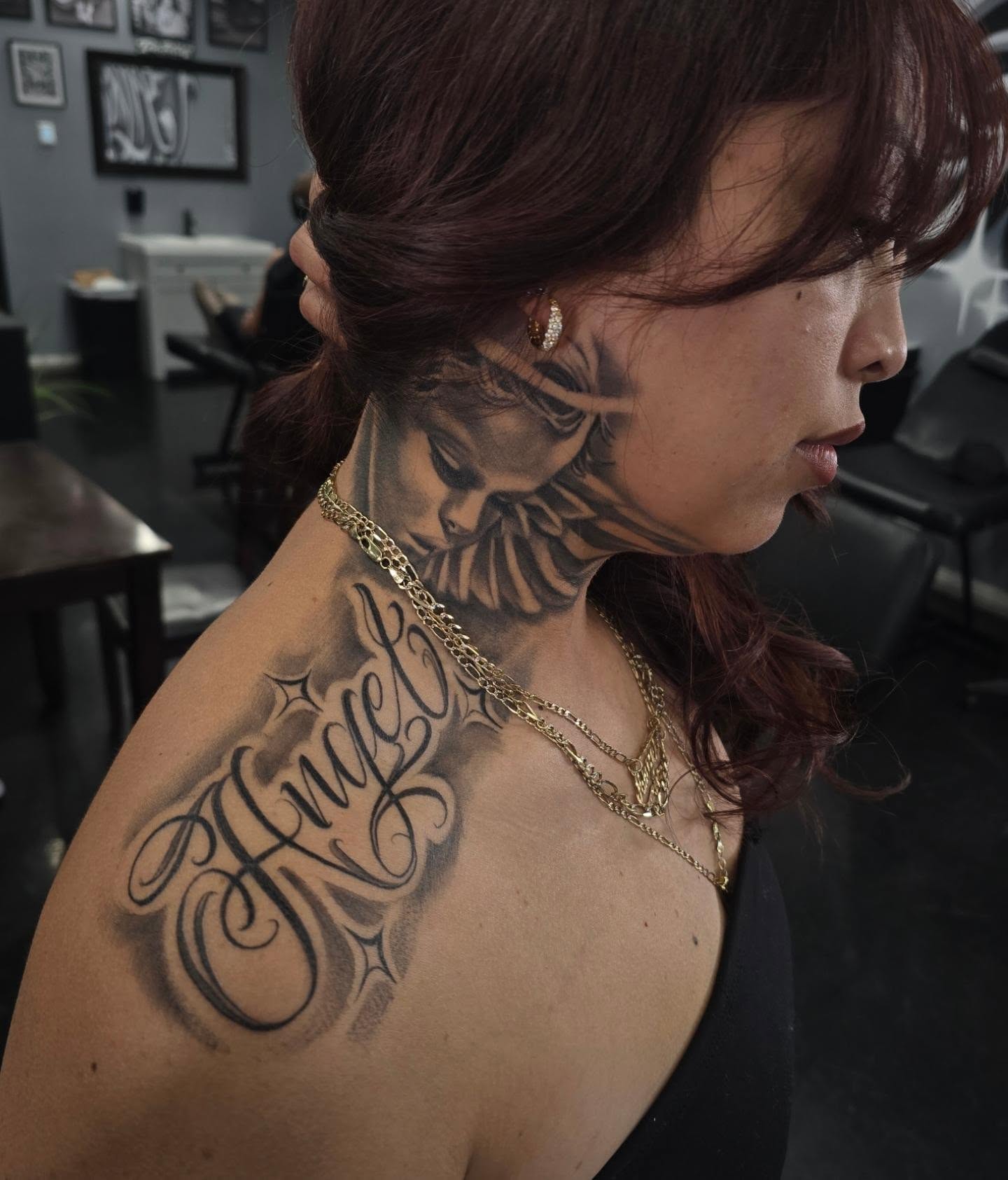 Script lettering lettering script tattoo on the shoulder by Richie Garcia, Hesperia, California