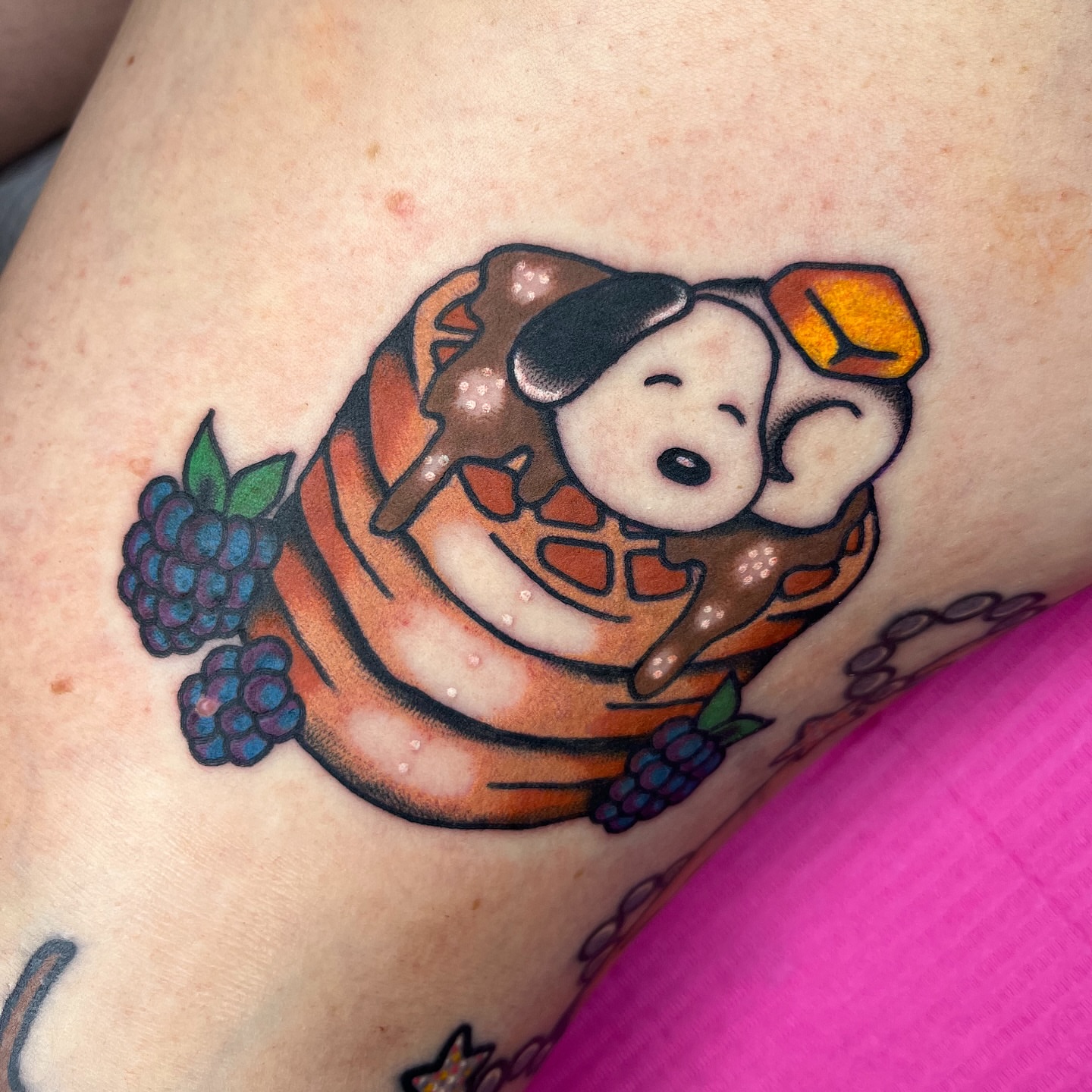 Peanut butter and jelly sandwich American traditional tattoo on the thigh by Cincinnati Tattoo Artist, Cincinnati