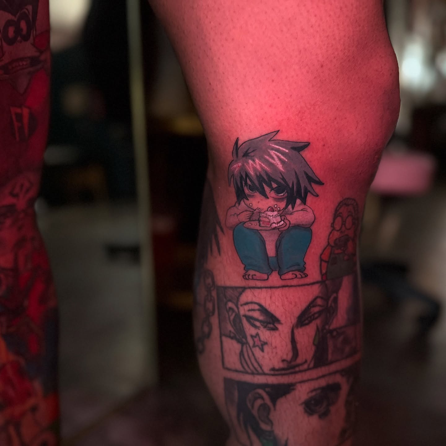 Anime character anime tattoo on the thigh by Yohana Vargas