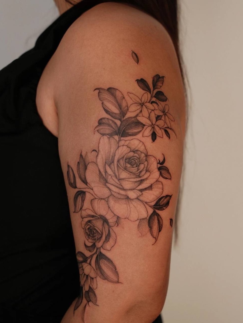 Rose bouquet realism tattoo on the upper arm by LORIE π€ Floral Tattoo Artist, Los Angeles, California