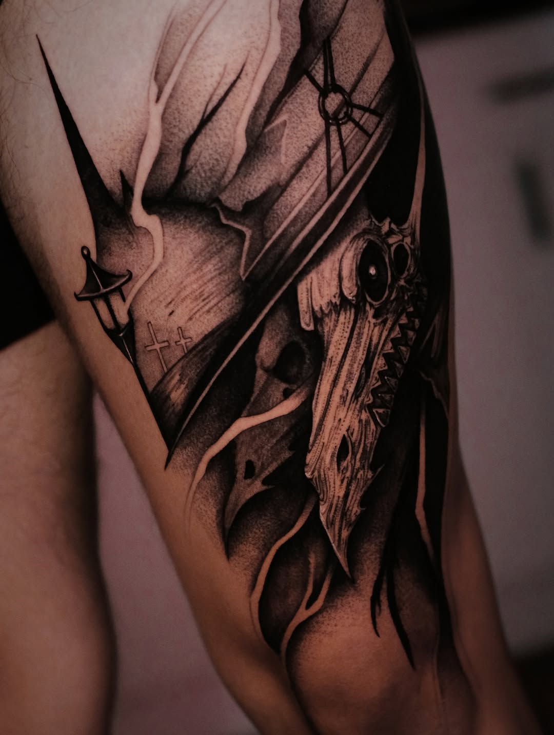Skull with hat and lantern dark art tattoo on the forearm by Kevin