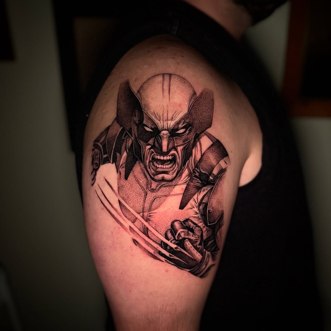 Wolverine character portrait realism tattoo on the shoulder by Jacob Deirfield, Circleville, Ohio