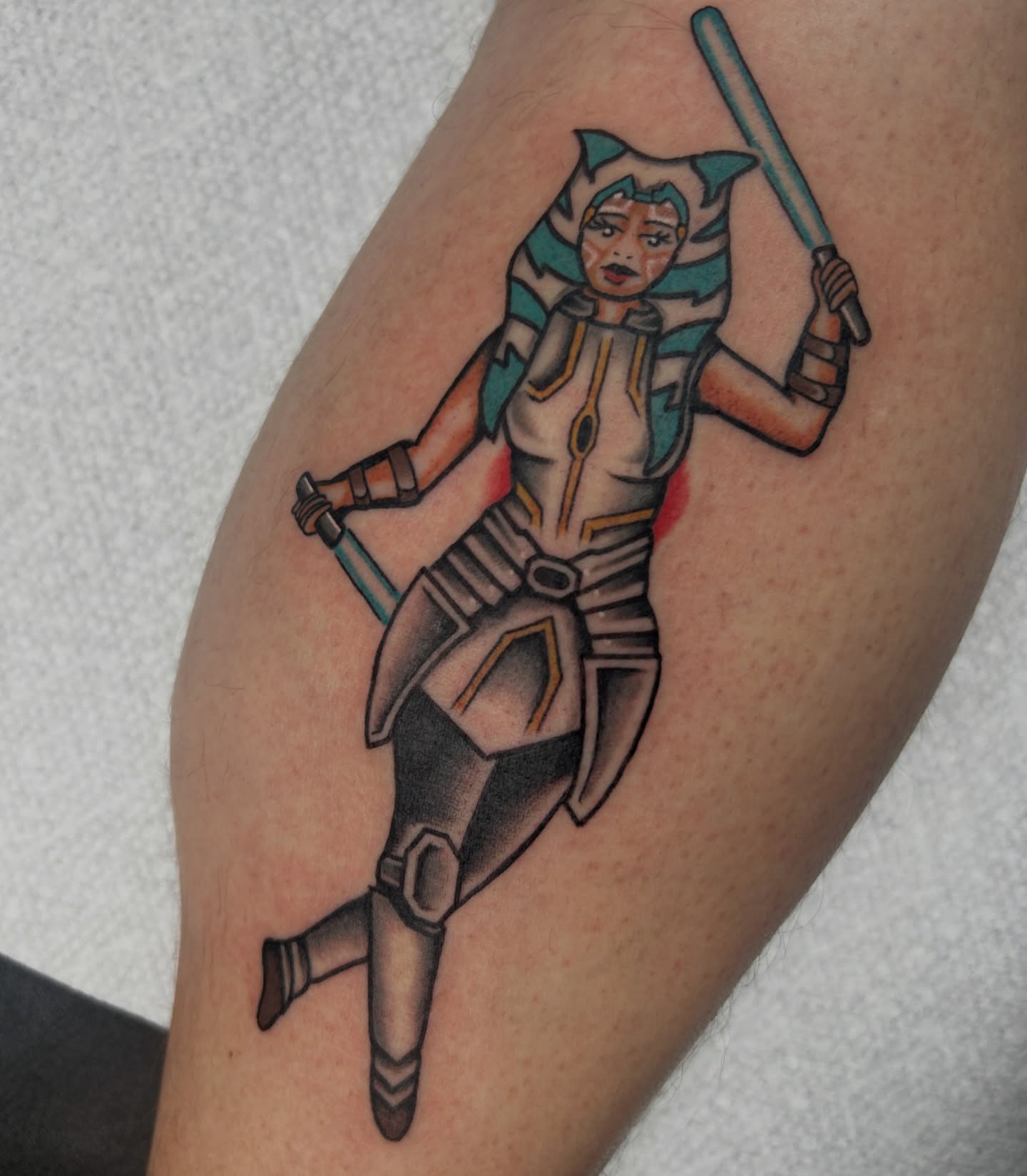 Ahsoka Tano American traditional tattoo on the thigh by Dylan James