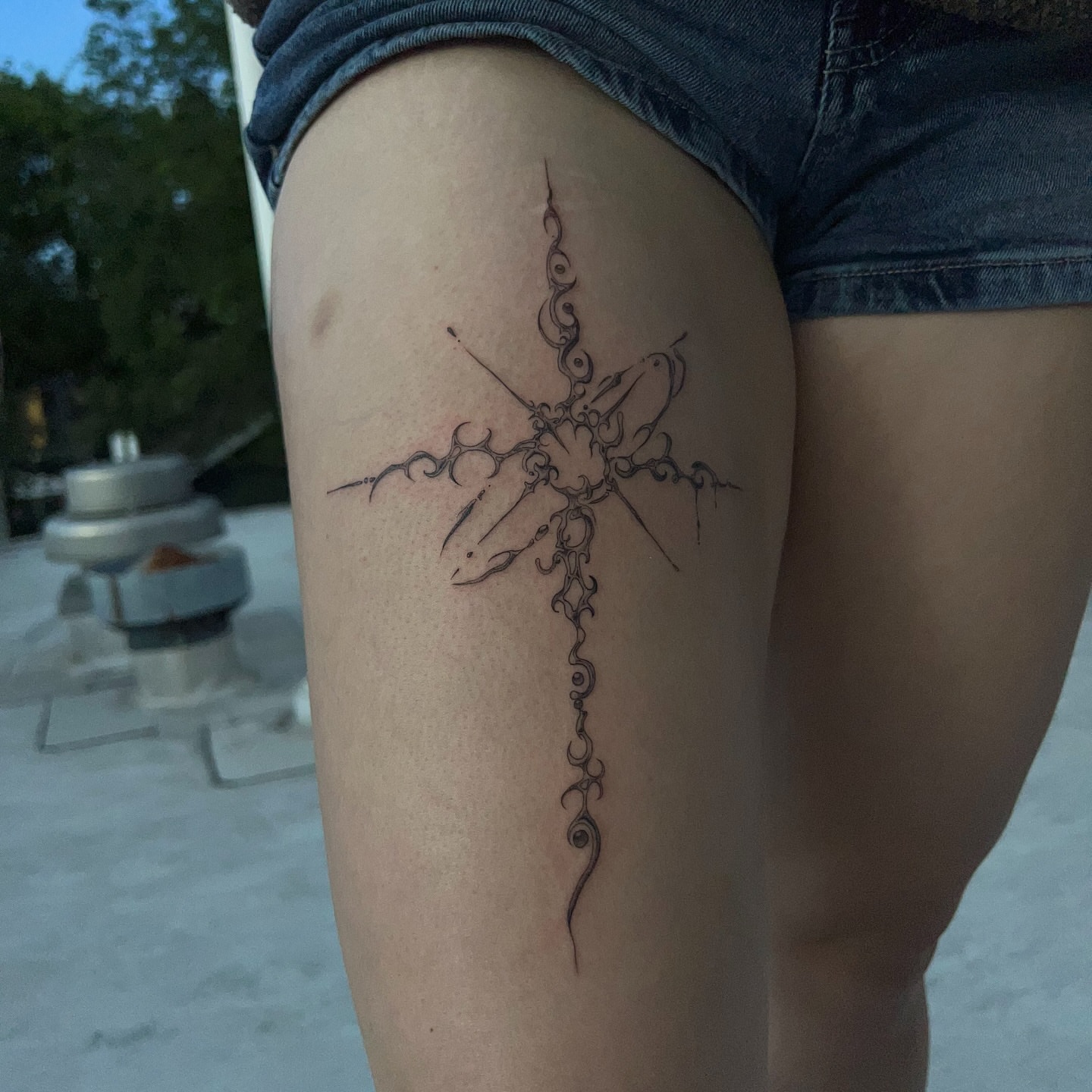 Cross with birds fine line tattoo on the thigh by syiko ☆ 。・:*˚:✧。, Austin, Texas