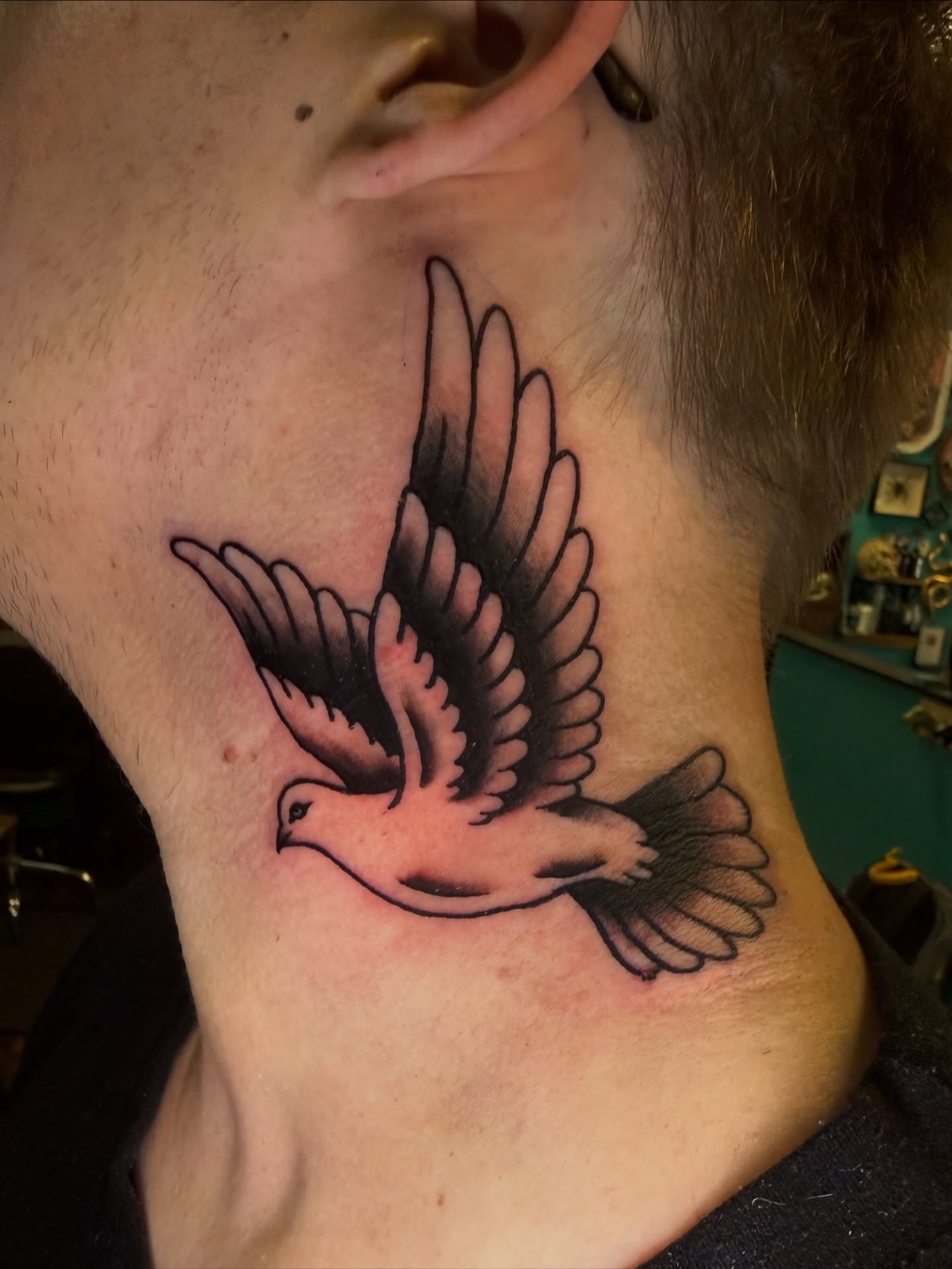 Flying dove black and grey tattoo on the neck by π Erin Stephens π€