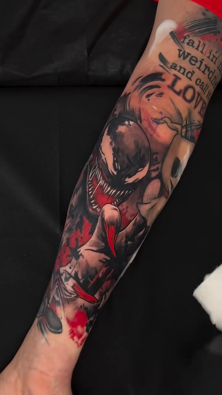 Venom and Carnage realism tattoo by Joe Friedman