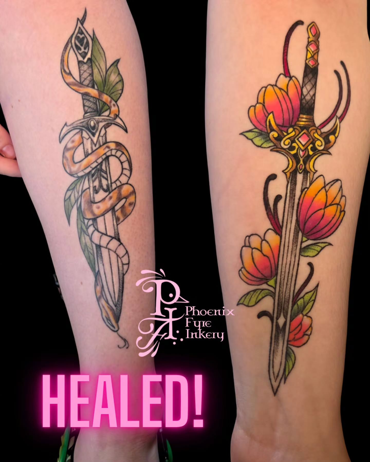 Snake and sword American traditional tattoo on the forearm by 💚Phoenix Taylor💚-Fantasy Neotraditional
