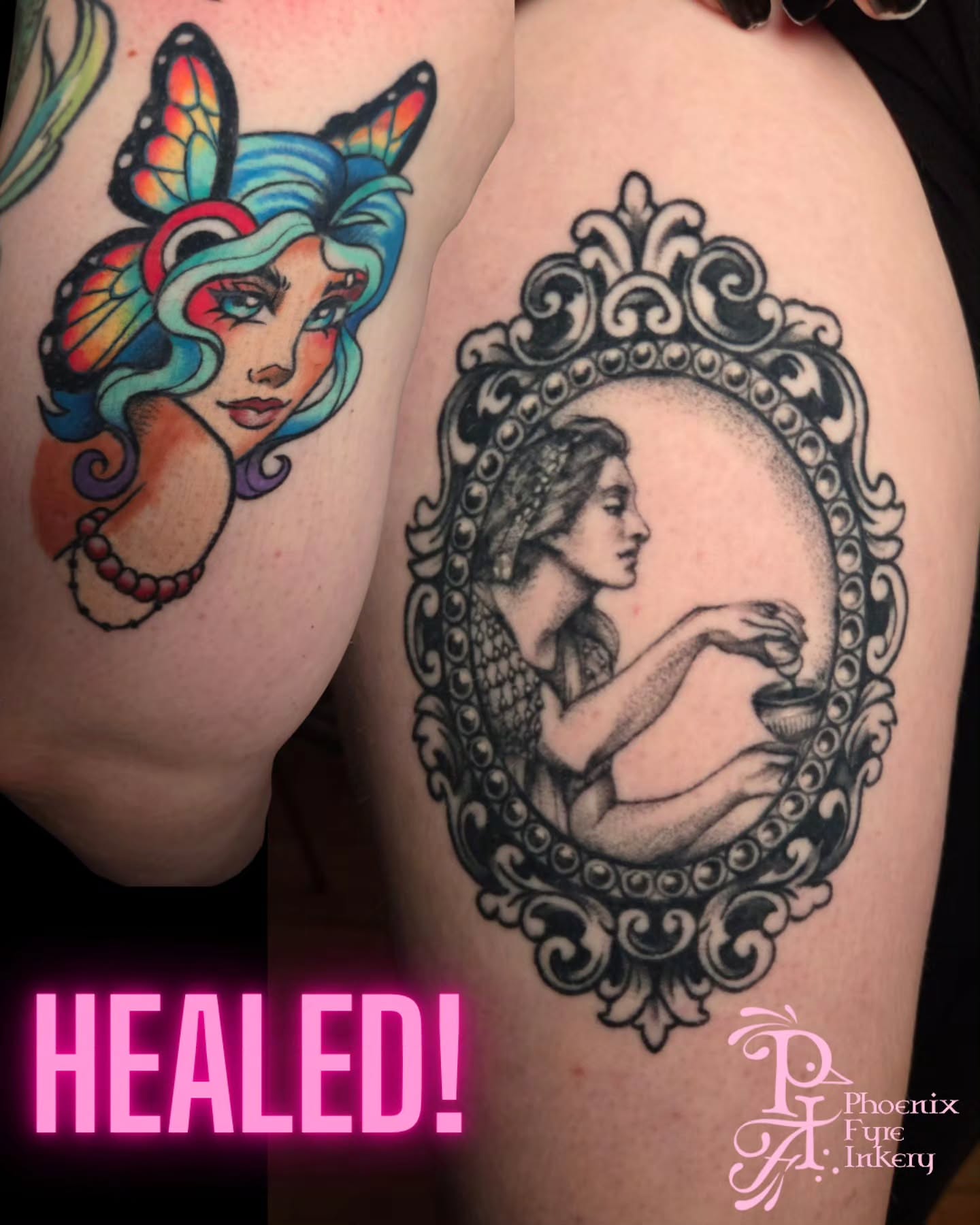 Woman in mirror realism tattoo on the upper arm by 💚Phoenix Taylor💚-Fantasy Neotraditional