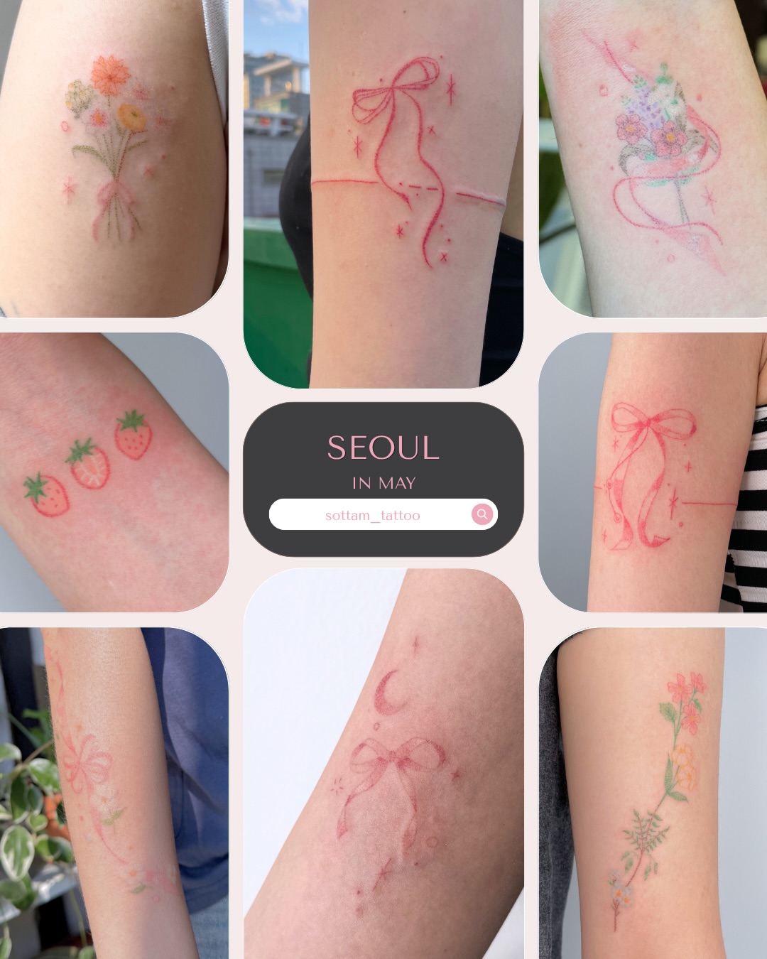 Flowers and bow fine line tattoo on the forearm by ❆소땀타투_클로버타투