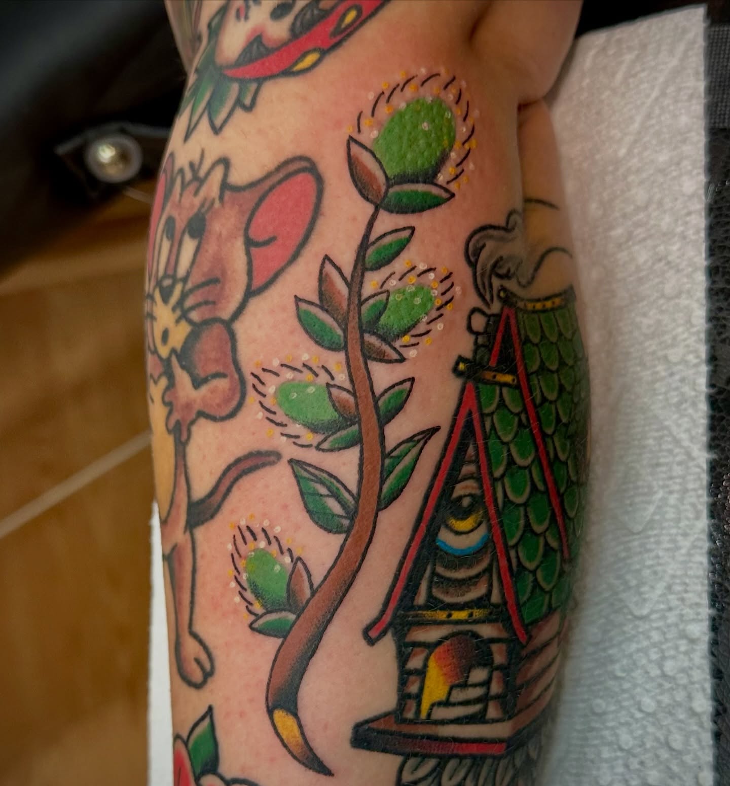 Cat and birdhouse American traditional tattoo on the forearm by Josh Robinson