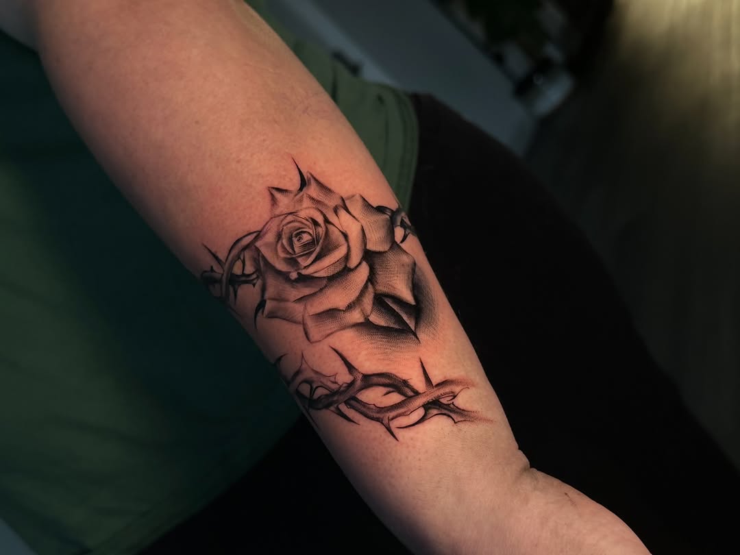 Tattoo by @bendecidatattoo โ realism, black_and_grey