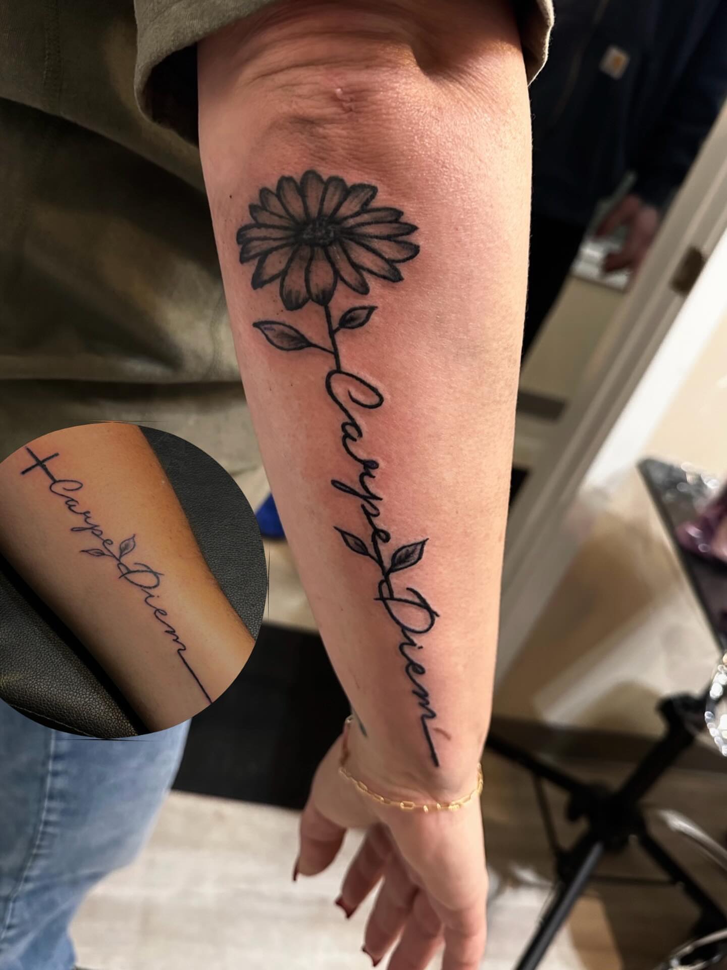 Sunflower and Latin phrase black and grey tattoo on the forearm by Ink’d by Reina 🖤, Colorado Springs, Colorado