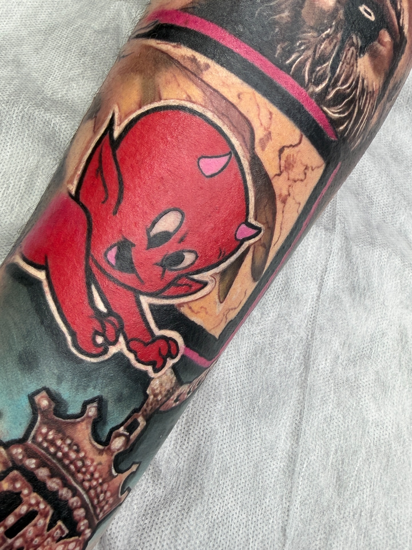 Red devil American traditional tattoo on the forearm by Donald Reynolds