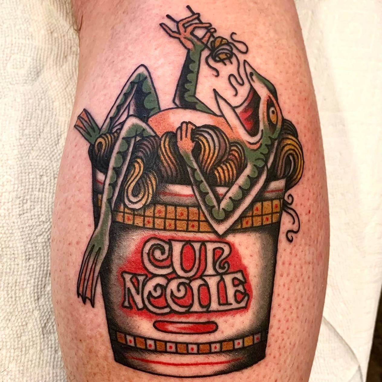 Cup noodles American traditional tattoo on the forearm by @brandonhuckabey, Denver, Colorado
