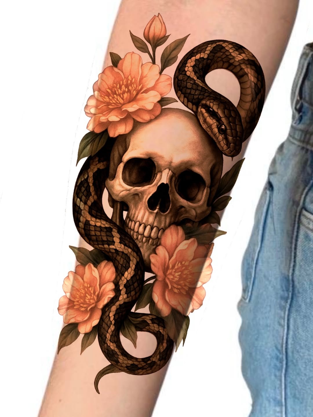 Skull snake and flowers realism tattoo on the forearm by ✨ Tattoo Artist