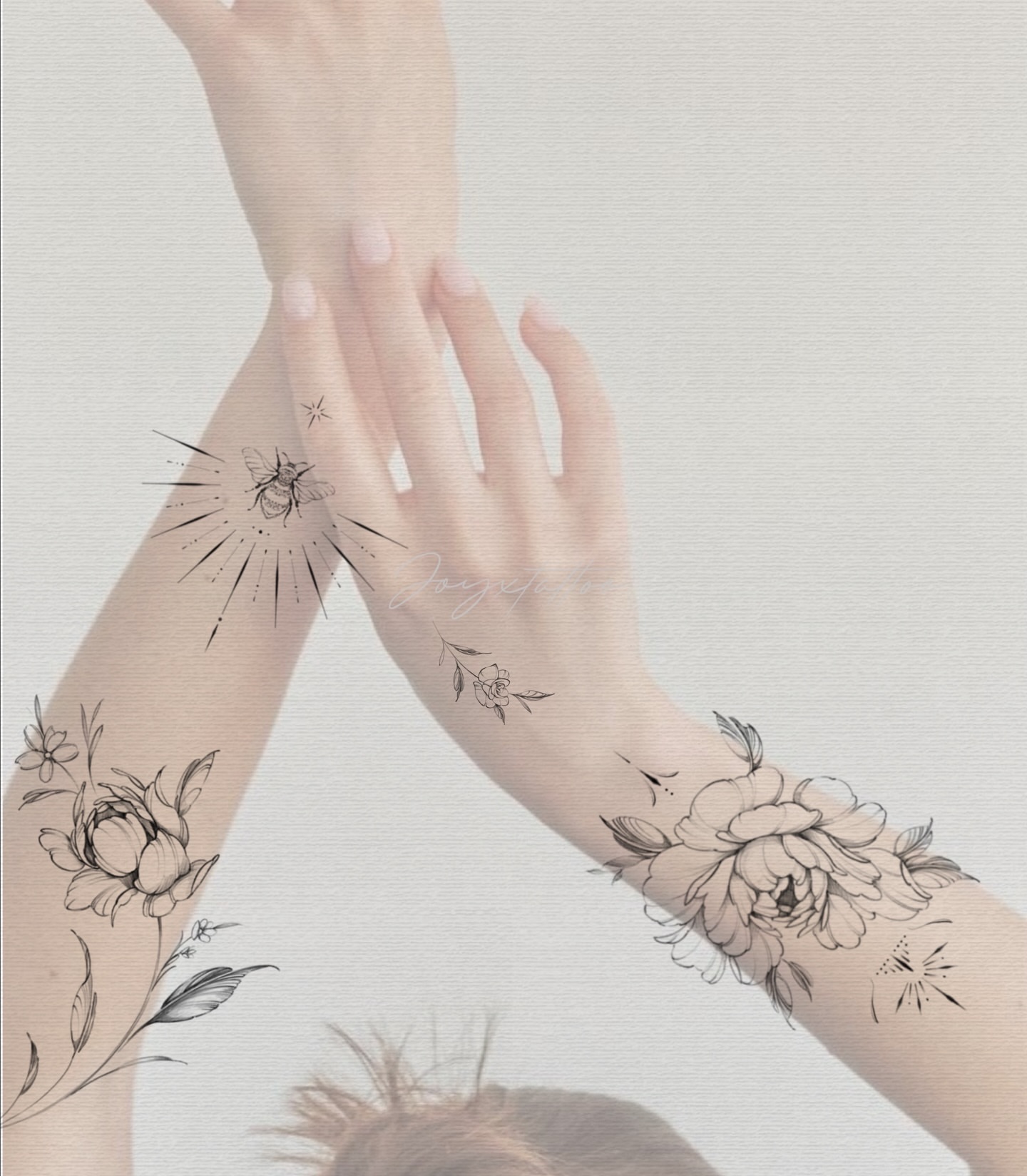 Floral arrangement black and grey tattoo on the forearm by Joy, Gold Coast, Queensland