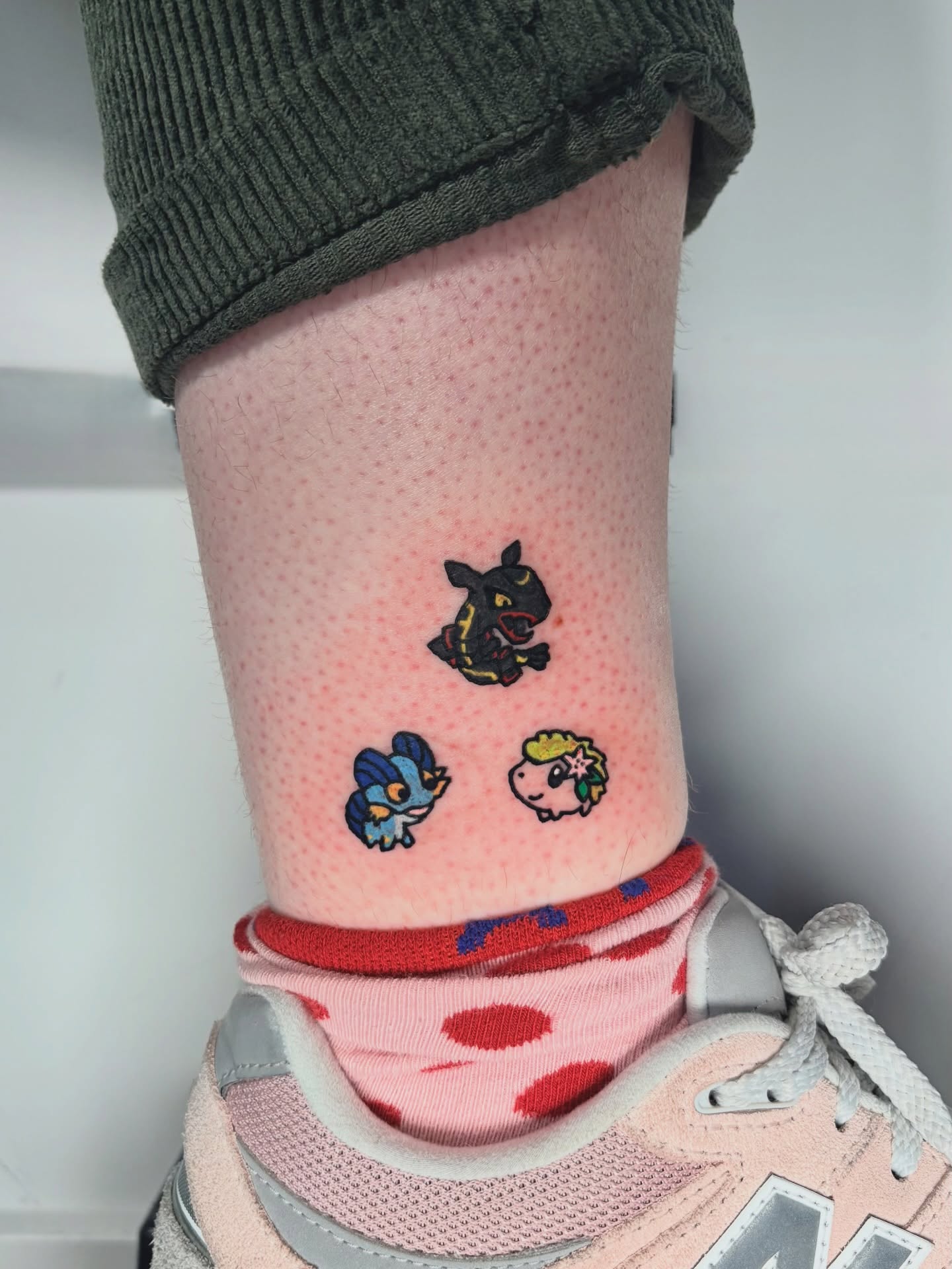 Anime characters dotwork tattoo on the calf by Rami, Maden🇰🇷