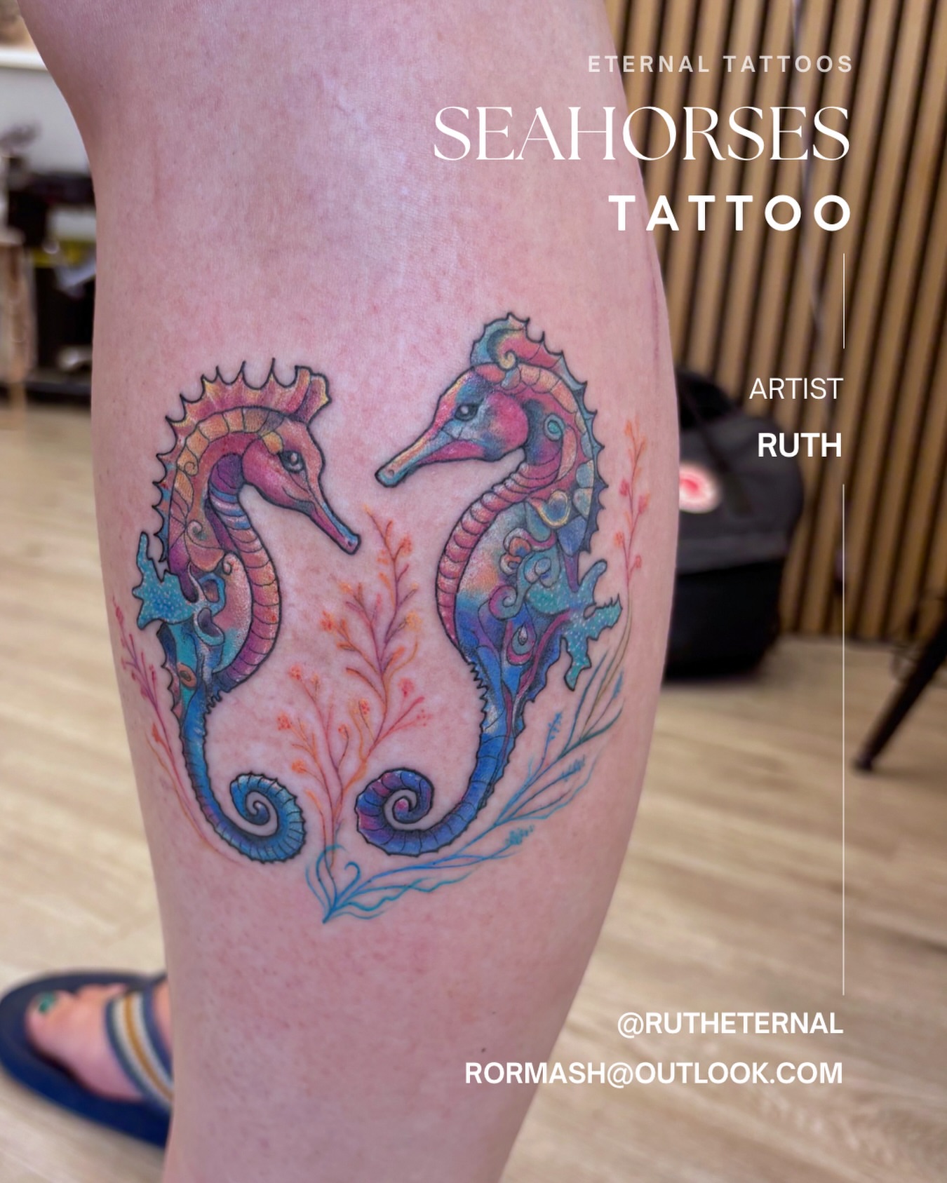 Seahorses watercolor tattoo on the leg by Ruth Ormsby-Ashworth