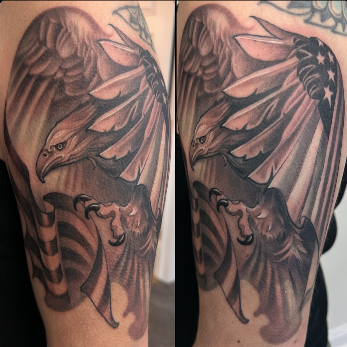 Eagle black and grey tattoo on the forearm by John Tarrao, Berwyn, Pennsylvania