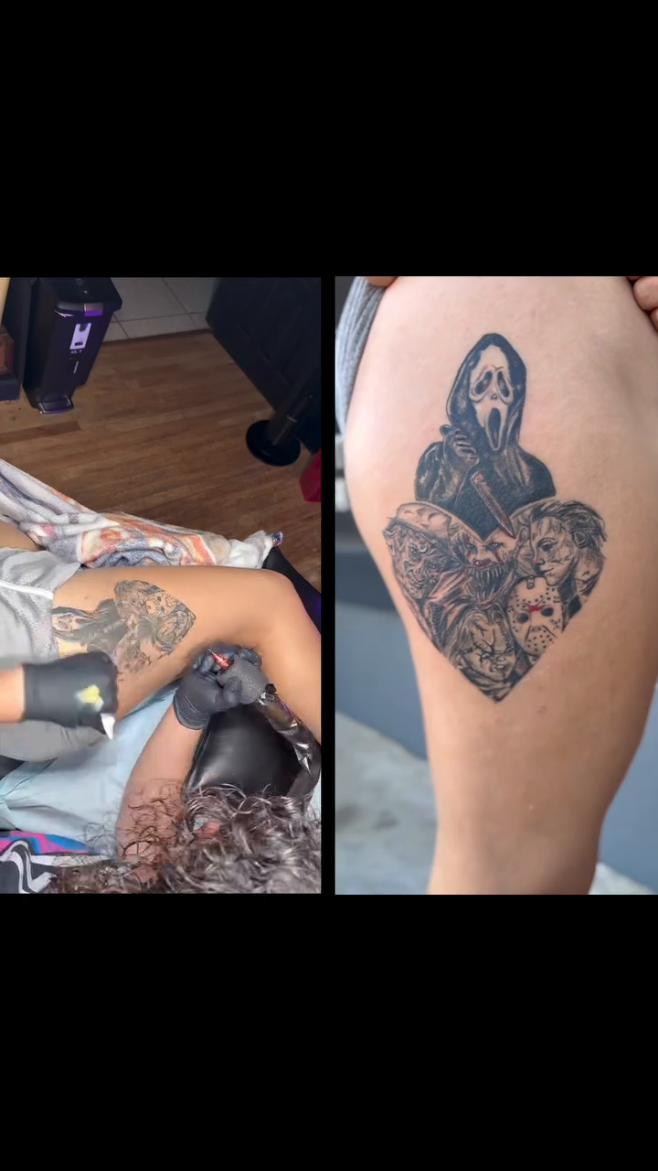 Ghostface heart tattoo realism tattoo on the leg by Gisette Gomez